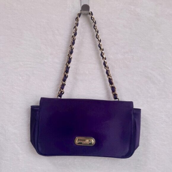 Love Moschino Satin Chain Strap Clothespin Turn Lock Shoulder Bag Purple Gold - Picture 3 of 16